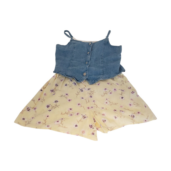 Vintage Skort Romper Girls XL Blue Denim Yellow Floral Spaghetti Strap One Piece - Picture 2 of 15